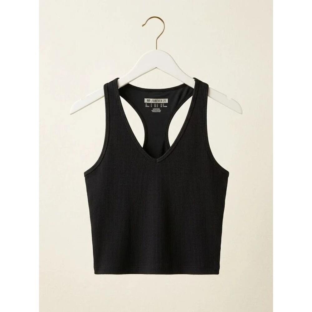 Forever 21 Black Ribbed V-Neck Racerback Crop Top | Size Medium